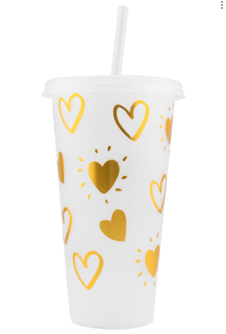 Fun Kids Vaso De Plastico Con Tapa Y Popote: Corazones Blanco 680 Ml