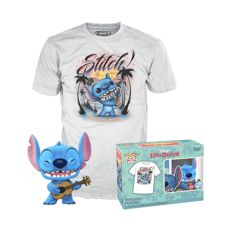 Funko Pop & Tee: Disney Lilo y Stitch - Stitch Ukelele Flocked con Playera S
