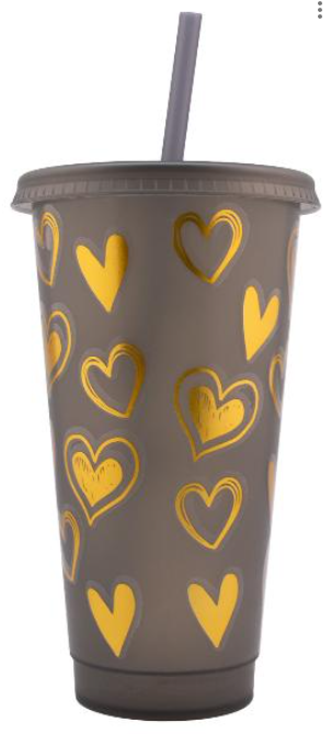 Fun Kids Vaso De Plastico Con Tapa Y Popote: Corazones Cafe 680 Ml