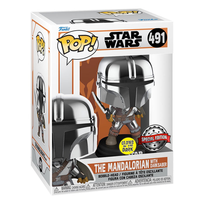 Funko Pop Star Wars: The Mandalorian - Mando Con Sable Oscuro Glow Metalico Exclusivo